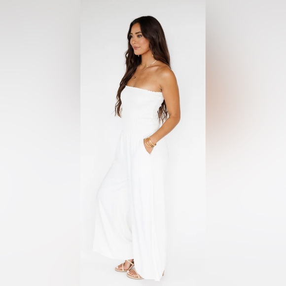 Fourteen Twelve Pants - Fourteen Twelve White Flowy Wide Leg Bohemian Strapless Jumpsuit Size Large